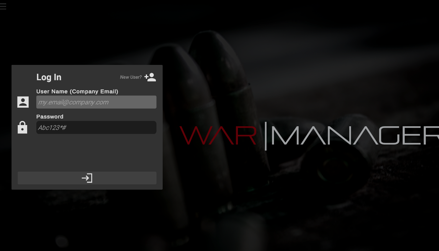 screenshot of the War Manager login screen